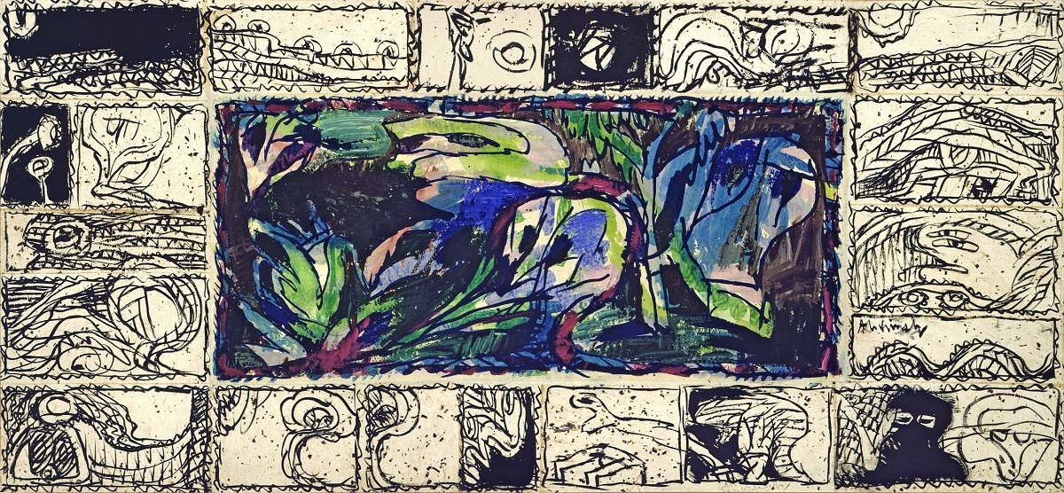 《肝心な森》　1981-84年　アクリル絵具/インク、キャンバスで裏打ちした紙　作家蔵 (C)Pierre Alechinsky, 2016