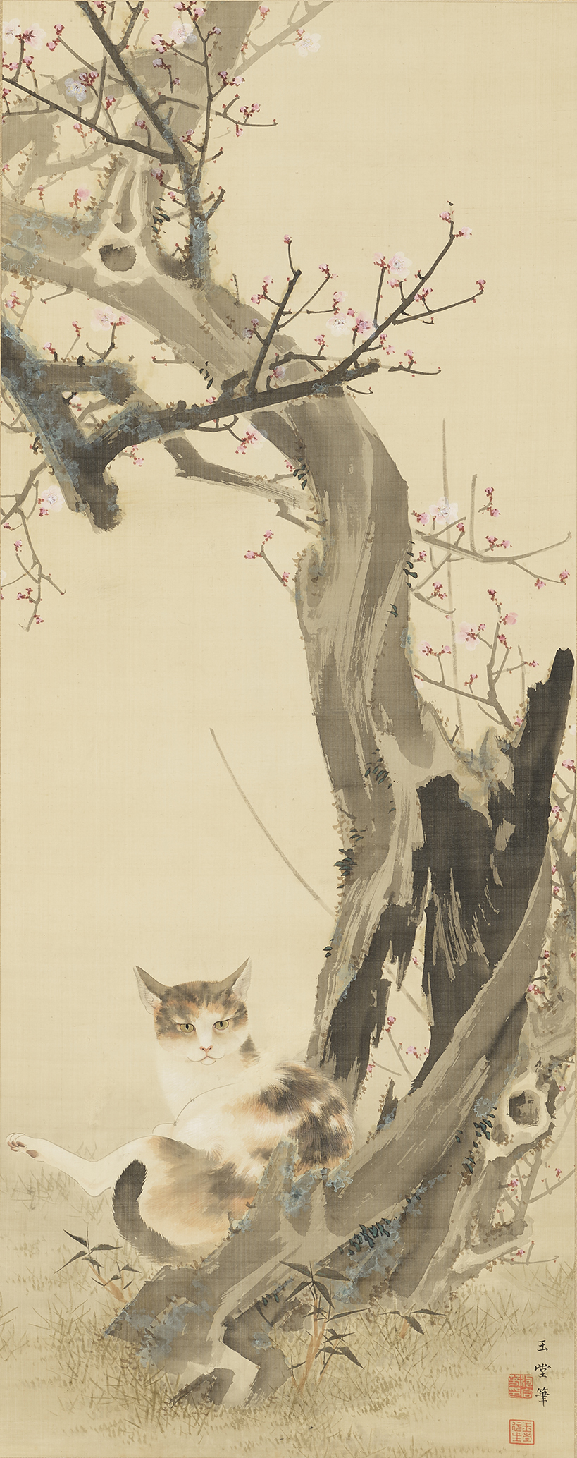 川合玉堂「紅梅猫児」 福田美術館蔵（前期） 