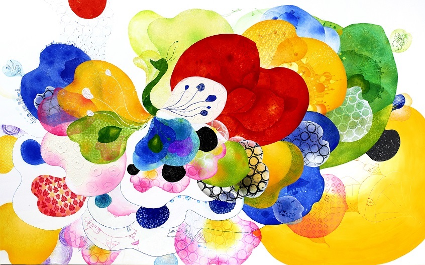 舟田潤子「flying flower」162.0×260.6cm　和紙水彩画（和紙、エッチング、ドライポイント、レリーフ、水彩、色鉛筆）