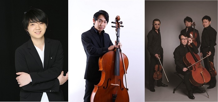 （左から）藤田真央、佐藤晴真、YAMATO String Quartet