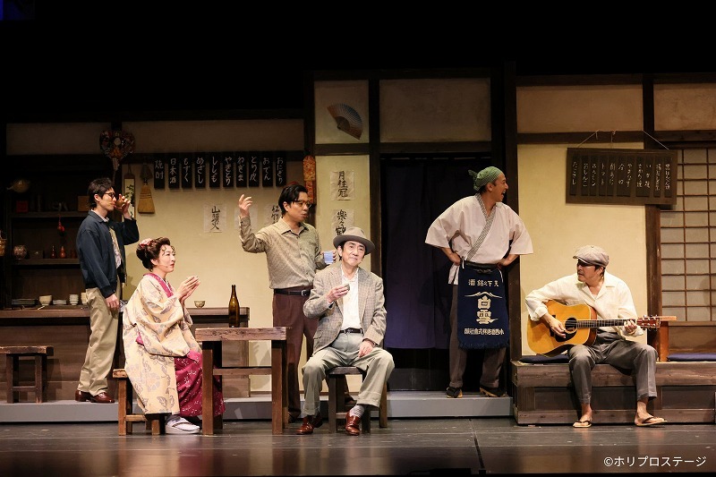 左より）田島太一役：本田響矢、榎本よしゑ（あい子）役：松雪泰子、菊田一夫役：小松利昌、榎本健一役：市村正親、居酒屋の店主役：斉藤淳、菊谷 榮役：豊原功補