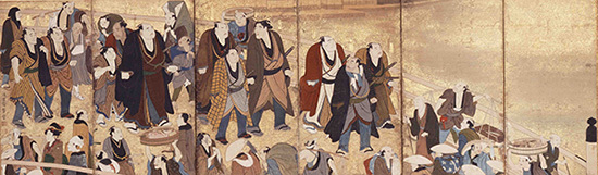 江戸大相撲生写之図（えどおおずもうせいしゃのず）左隻 享和～文化年間（1801～18年）　相撲博物館蔵。展示期間：7月31日まで。
