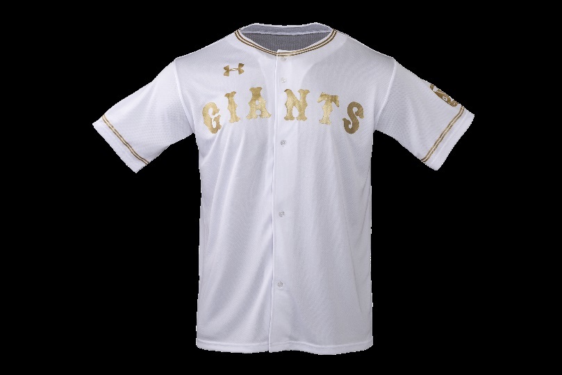 胸の「GIANTS」の文字、襟元と袖のラインが金色でプリントされた「ゴールドユニホーム」