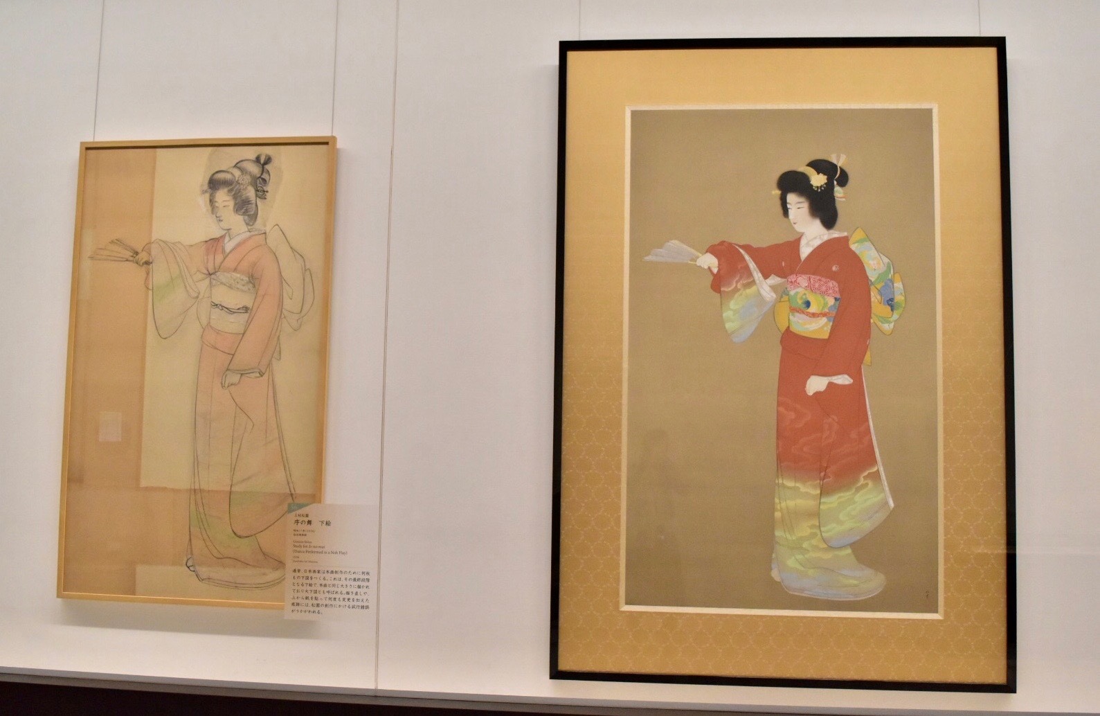  右：上村松園　《序の舞》（重要文化財）昭和11年　東京藝術大学蔵　左：上村松園　《序の舞 下絵》 昭和11年　松伯美術館蔵
