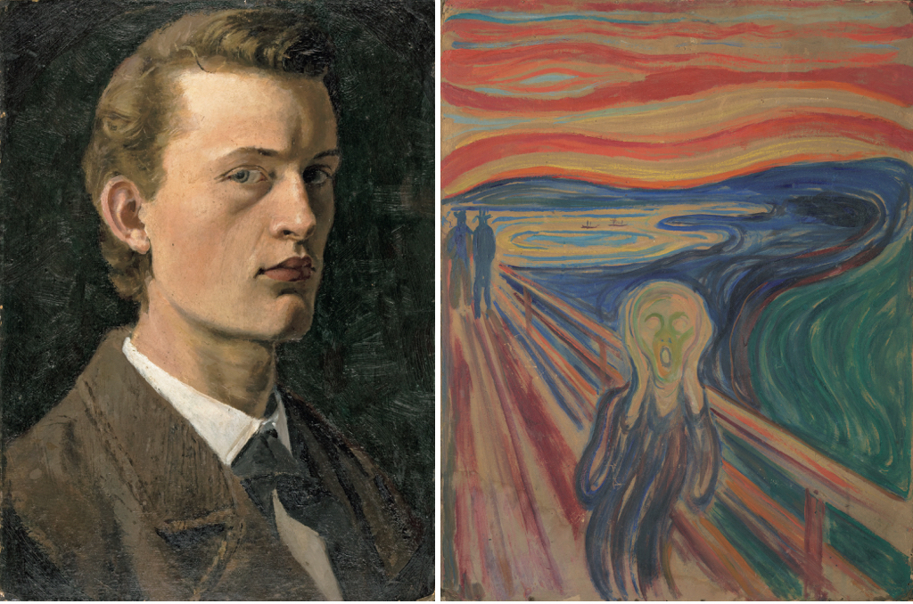 （左）エドヴァルド・ムンク《自画像》1882年　油彩、紙（厚紙に貼付）　26×19cm　（右）エドヴァルド・ムンク《叫び》1910年？　テンペラ・油彩、厚紙　83.5×66cm