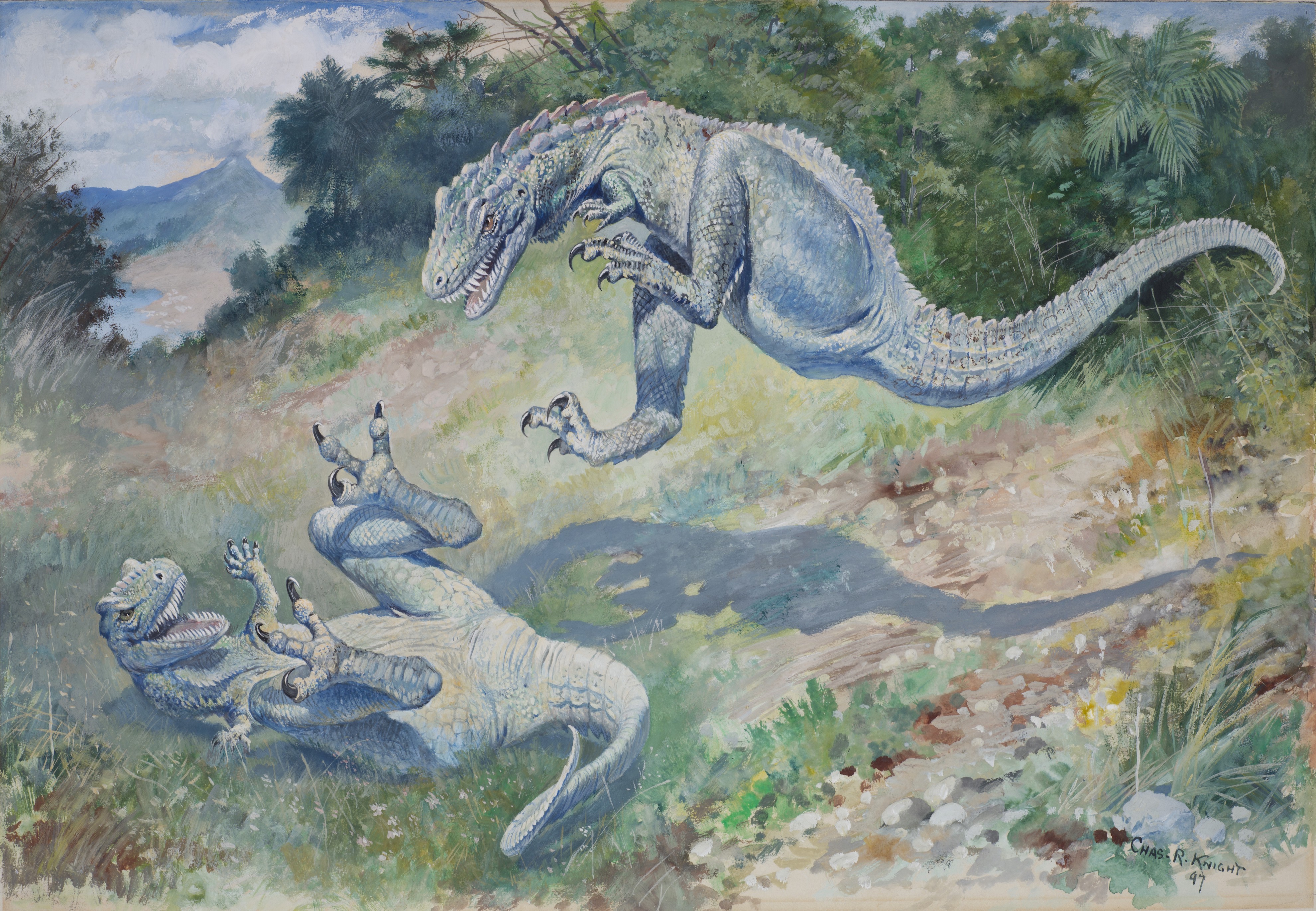 チャールズ・R・ナイト 「ドリプトサウルス（飛び跳ねるラエラプス）」 1897年 グアッシュ・紙 40x58cm アメリカ自然史博物館、ニューヨーク