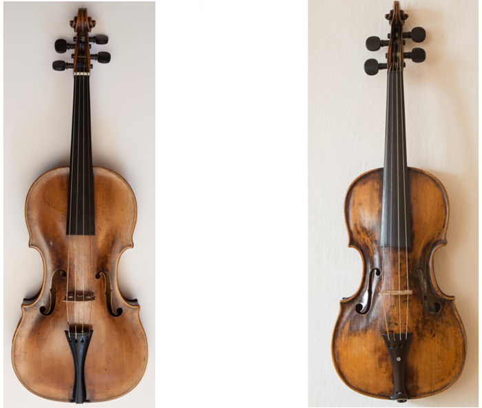 モーツァルトのコンサート・ヴァイオリン（左）とチャイルド・ヴァイオリン（右）