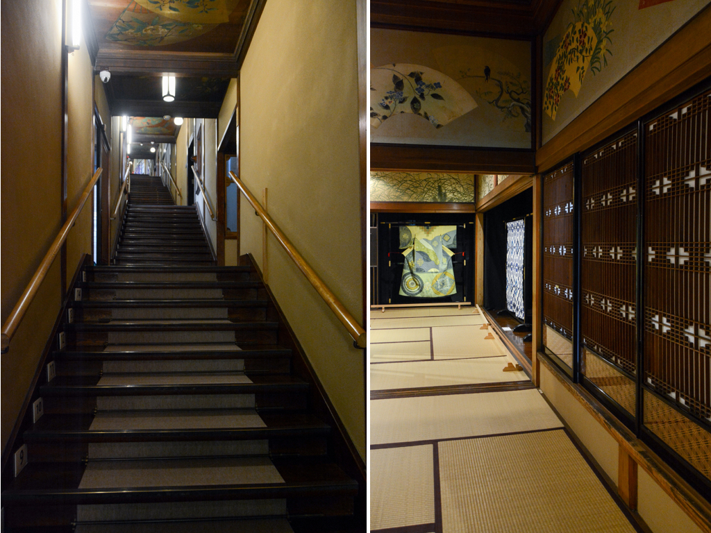 （左）太宰治が知人の結婚式で訪れた、あるいは日本に滞在したチャップリンが天ぷらを食べたといった逸話も残る百段階段（右）螺鈿、組子などの伝統工芸も美しい