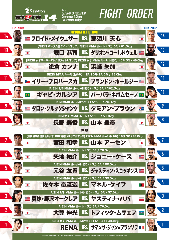 『Cygames presents RIZIN.14』の全対戦カード