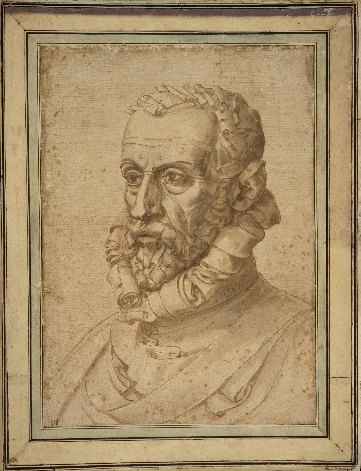 ジュゼッペ・アルチンボルド《自画像（紙の男）》　1587年　鉛筆、ペン/紙　ジェノヴァ、ストラーダ・ヌオーヴァ美術館ロッソ宮蔵