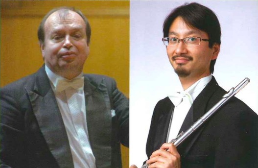 指揮のレオシュ・スワロフスキー（左）、フルート独奏の磯貝俊幸（右）