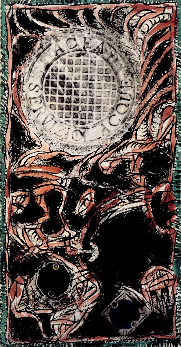 《ローマの網》　1989年　インク・アクリル絵具、拓本、キャンバスで裏打ちした紙　作家蔵 (C)Pierre Alechinsky, 2016