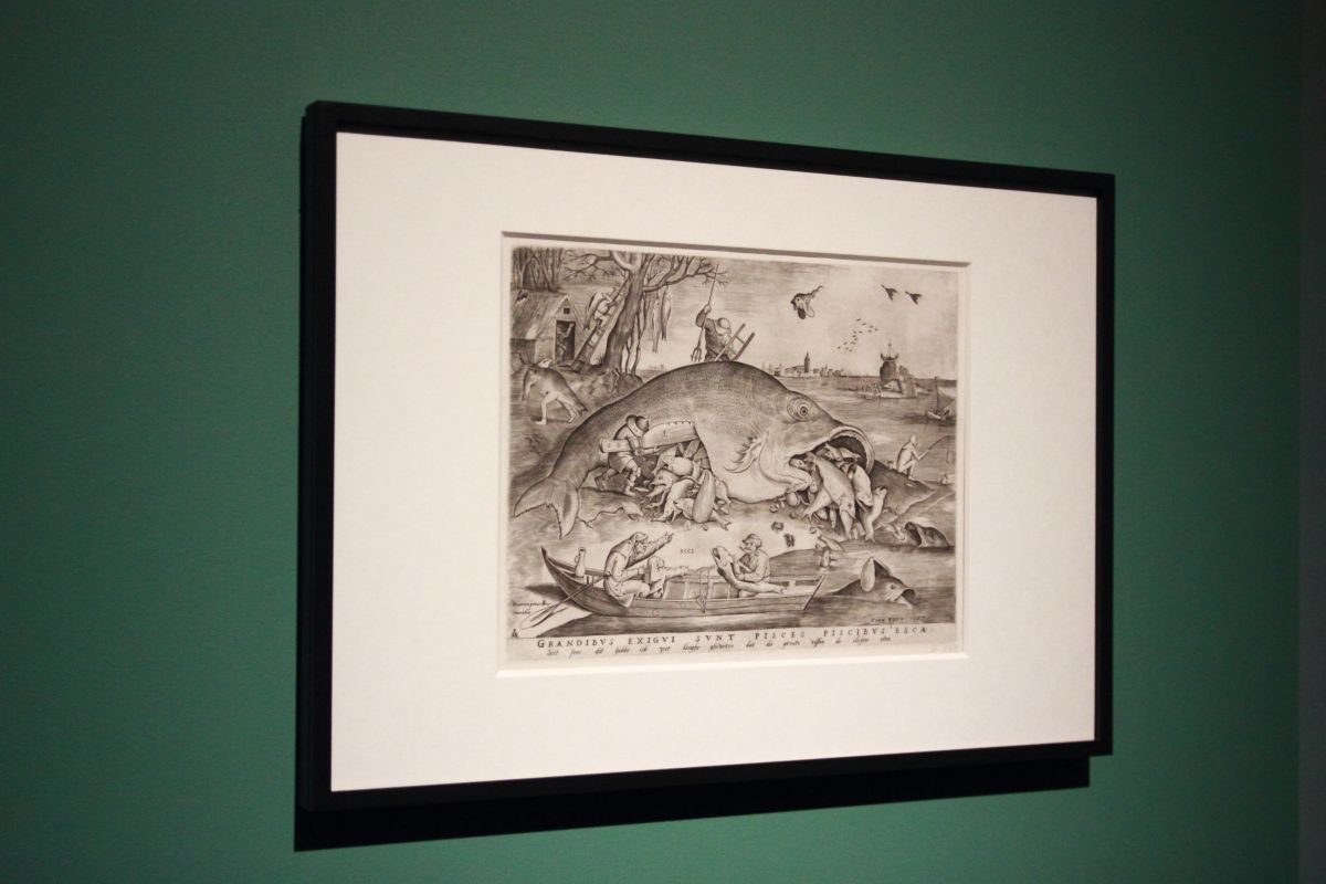 ピーテル・ブリューゲル1世、彫版：ピーテル・ファン・デル・ヘイデン《大きな魚は小さな魚を食う》1557年、エングレーヴィング
