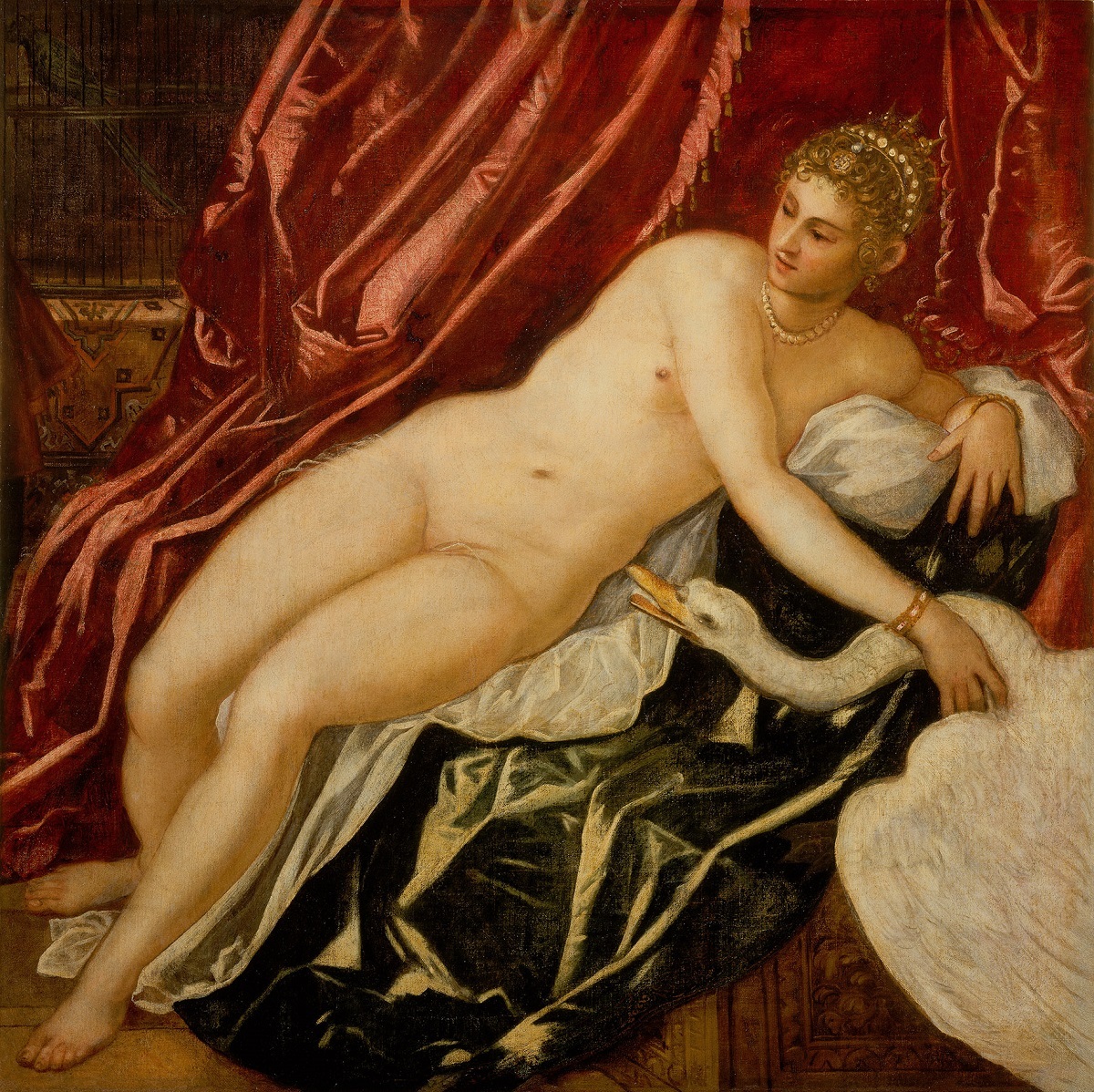 ヤコポ・ティントレット 《レダと白鳥》 1551-55 年頃、油彩、カンヴァス、147.5×147.5cm、フィレンツェ、ウフィツィ美術館