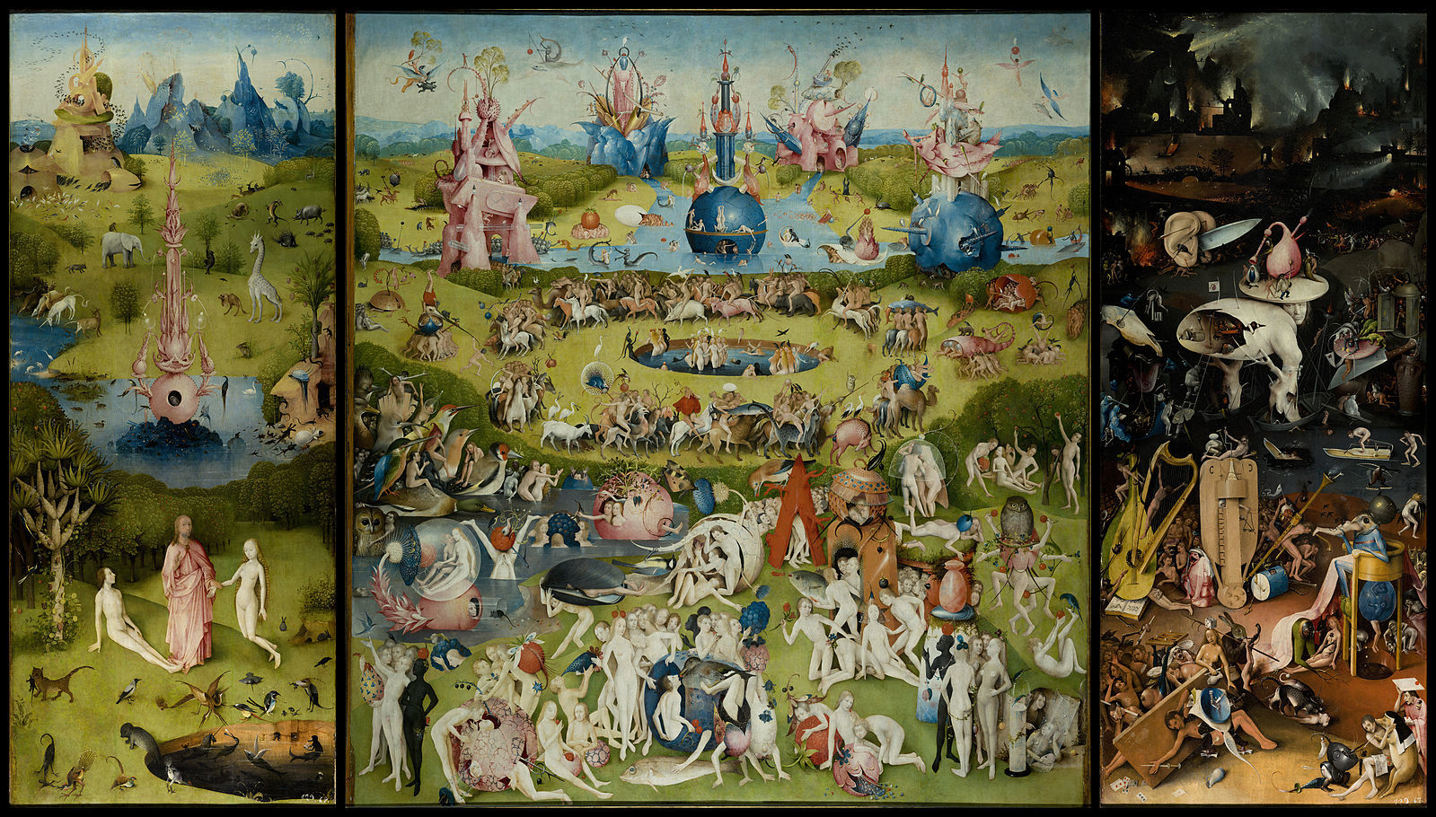 プラド美術館のヒエロニムス・ボス《快楽の園》。右端は地獄絵図です。 The Garden of Earthly Delights Medieval triptych by Hieronymus Bosch Public domain,via Wikimedia Commons