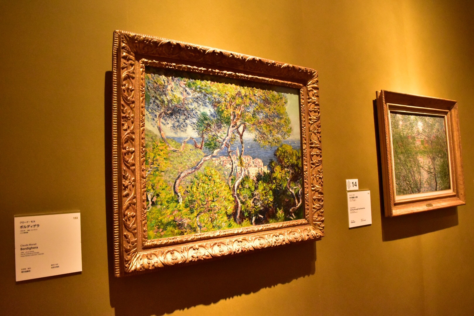 左：クロード・モネ《ボルディゲラ》1884年　シカゴ美術館 右奥：クロード・モネ《木の間越しの春》1878年　マルモッタン・モネ美術館、パリ