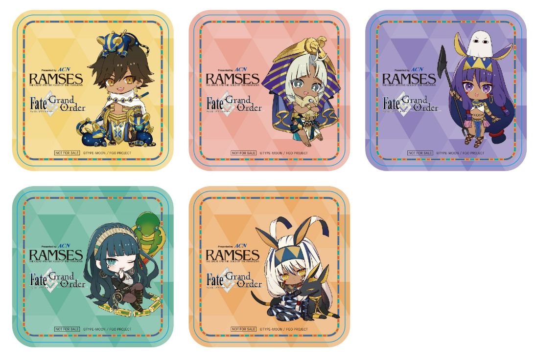 『FGO』コンセプトカフェコラボメニュー オリジナルコースター（非売品/ランダム）※全5種類  ※ノベルティの柄は選べません ※ノベルティはコラボメニュー1品の購入につき1枚をランダムでの配布  ※コラボメニューは一人1会計で5品まで購入可能  ※数量限定。予定枚数に達し次第、終了  ※コンセプトカフェのみのご利用は出来ません。別途ラムセス大王展の入場料が必要  ※転売行為禁止　（C）TYPE-MOON / FGO PROJECT