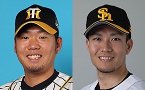 初受賞となった阪神の西勇輝投手（左）と千賀滉大投手