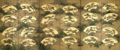 京都市指定有形文化財 月次風俗図扇面流し屛風 「元信」印 六曲一隻 室町時代 16世紀 京都・光圓寺 【展示期間：10/11～11/5】