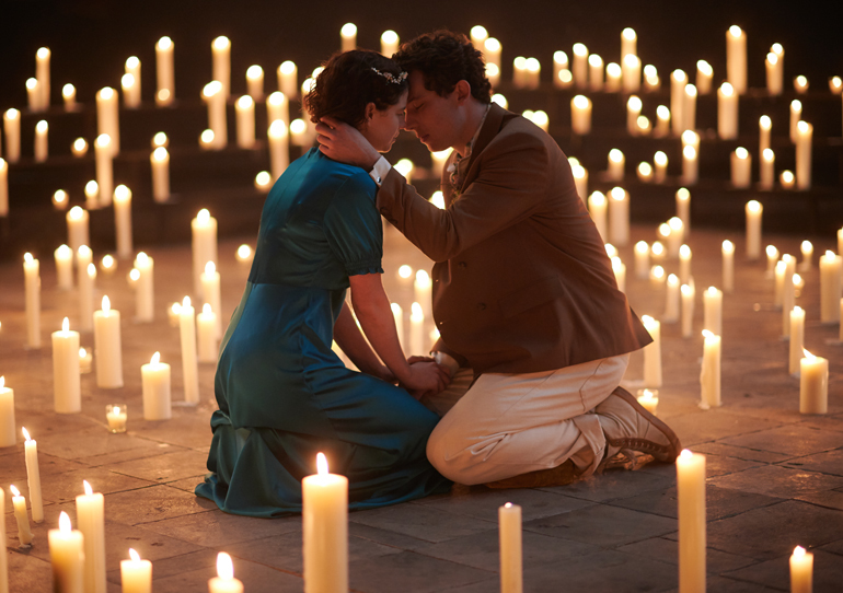 Jessie Buckley (Juliet) and Josh O'Connor (Romeo) in Romeo & Juliet at the National Theatre.  Photo by Rob Youngson
