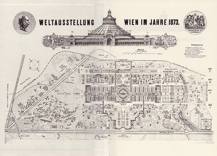 ウィーン万博（1873年）の会場図、画面上の建物はメインパヴィリオンの「ロトゥンデ」