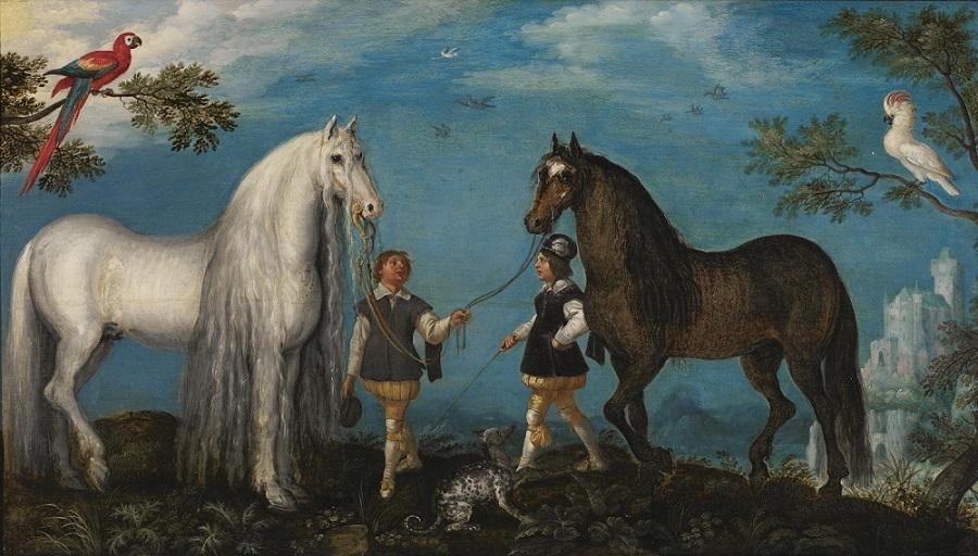 ルーラント・サーフェリー　《2頭の馬と馬丁たち》　1628年、油彩・板、コレクトレイク市美術館、ベルギー Loaned from the City Museums, Kortrijk (Belgium)
