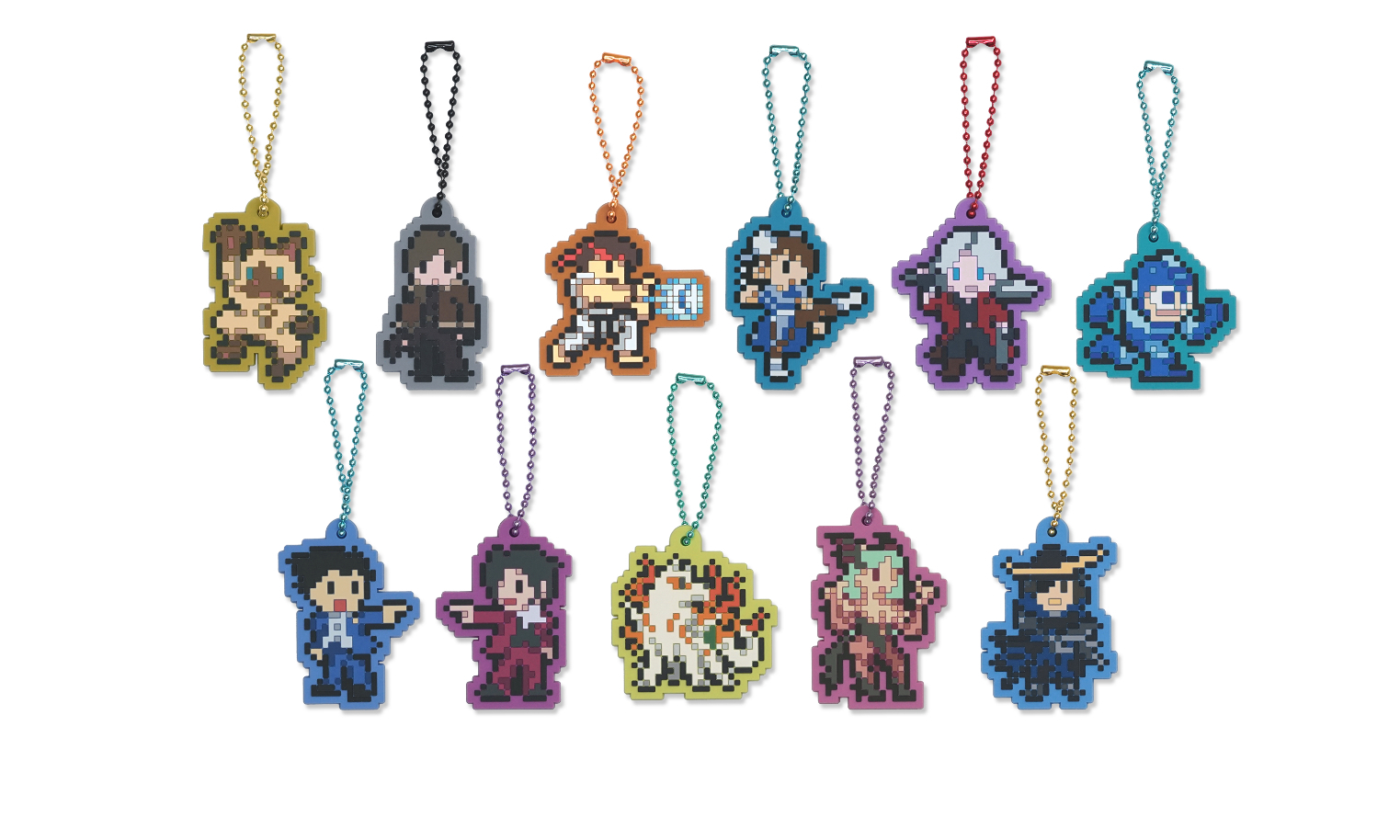 ラバーボールチェーン（全11種）　各770円（税込）  ドット絵のキャラクターたちのラバー製キーホルダー。アイルー、レオン、リュウ、春麗、ダンテ、ロックマン、成歩堂、御剣、アマテラス、モリガン、伊達政宗の全11種。 （C）CAPCOM