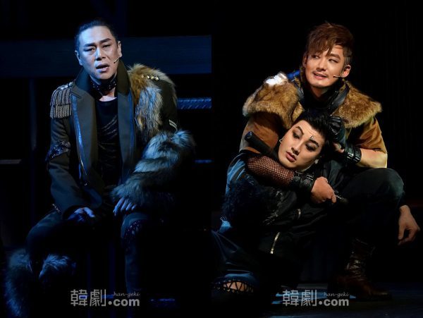 キム・ボムレがソロナンバー「私の任務、私の忠誠」を哀感たっぷりに披露する（左）／イ・テソン演じるジンには激しいアクションシーンも（右）