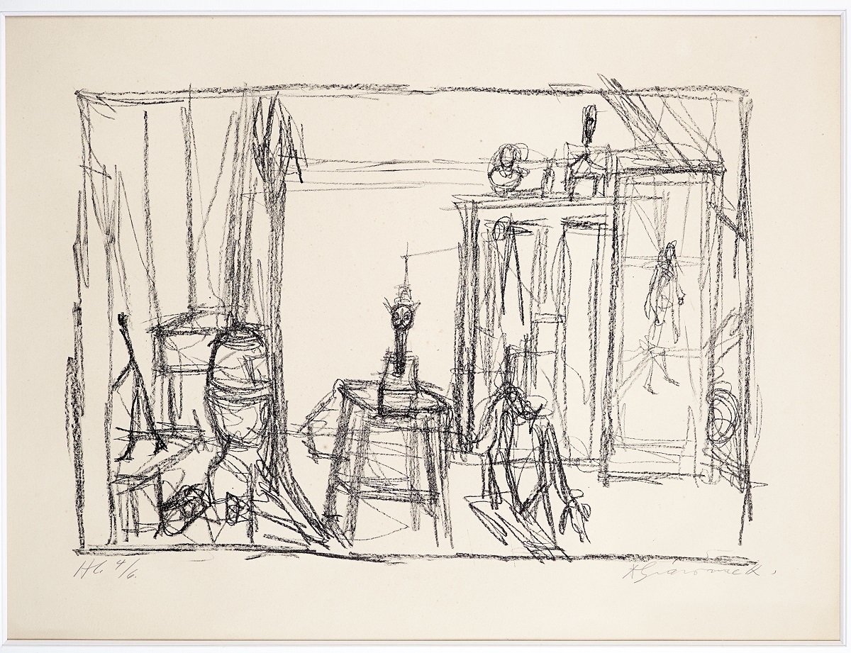 アルベルト・ジャコメッティ《犬、猫、絵画》　1954年　リトグラフ、ヴェランアルシュ紙　マルグリット&エメ・マーグ財団美術館、サン＝ポール・ド・ヴァンス