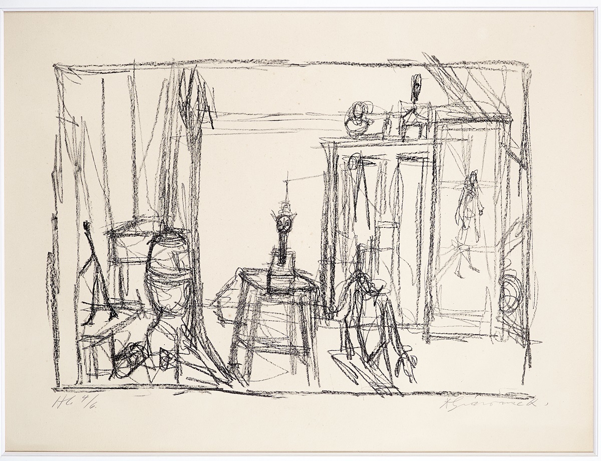 アルベルト・ジャコメッティ《犬、猫、絵画》 1954年 リトグラフ、ヴェランアルシュ紙 マルグリット&エメ・マーグ財団美術館、サン＝ポール・ド・ヴァンス Photo Claude Germain –Archives Fondation Maeght, Saint-Paul de Vence (France)
