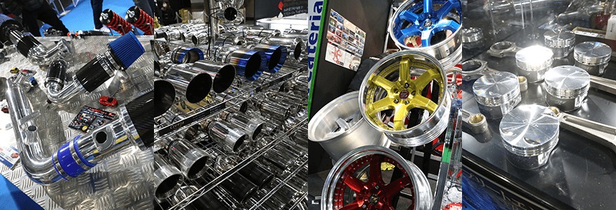 カスタムカーだけでなく、カスタマイズパーツも多数展示される