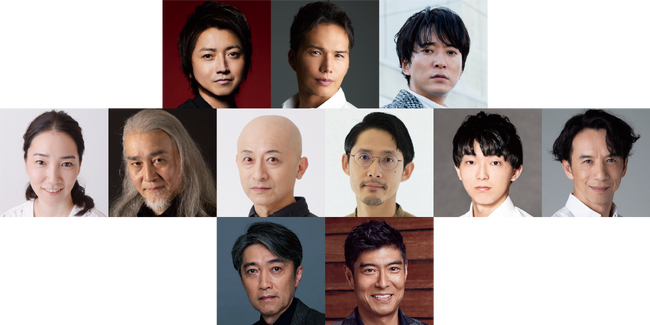 1段目左より）藤原竜也、市原隼人、浅香航大／2段目左より）尾上紫、廣田高志、植本純米、古河耕史、斉藤莉生、今井朋彦／3段目左より）池田成志、髙嶋政