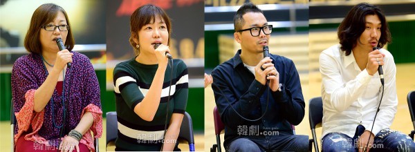 （写真左から）イ・ジナ演出家、ウォン・ミソル音楽監督と、振付家のチェ・ヒョンウォン、キム・ジェドク