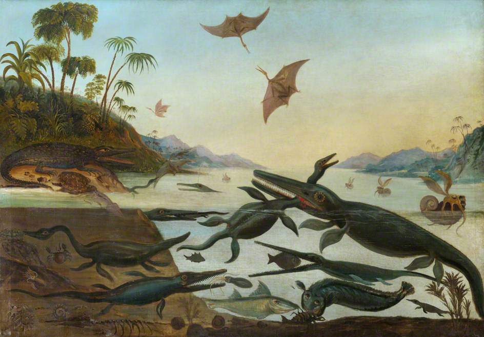 ロバート・ファレン「ジュラ紀の海の生き物―ドゥリア・アンティクィオル（太古のドーセット）」 1850年頃 油彩・カンヴァス 190x268cm セジウィック地球科学博物館、ケンブリッジ