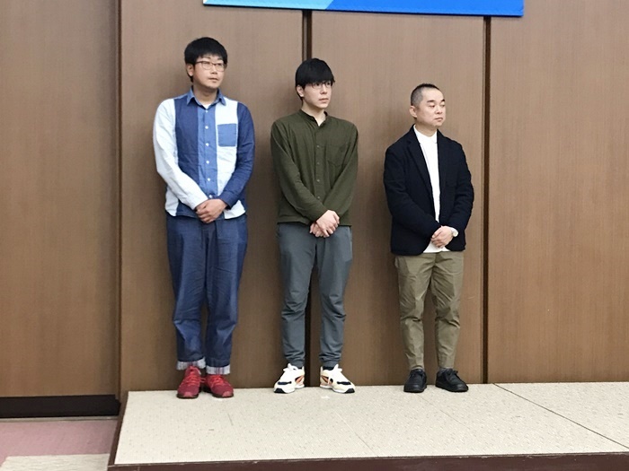 「第26回OMS戯曲賞」佳作受賞者たち。（左から）山本正典、田中浩之、横山拓也。