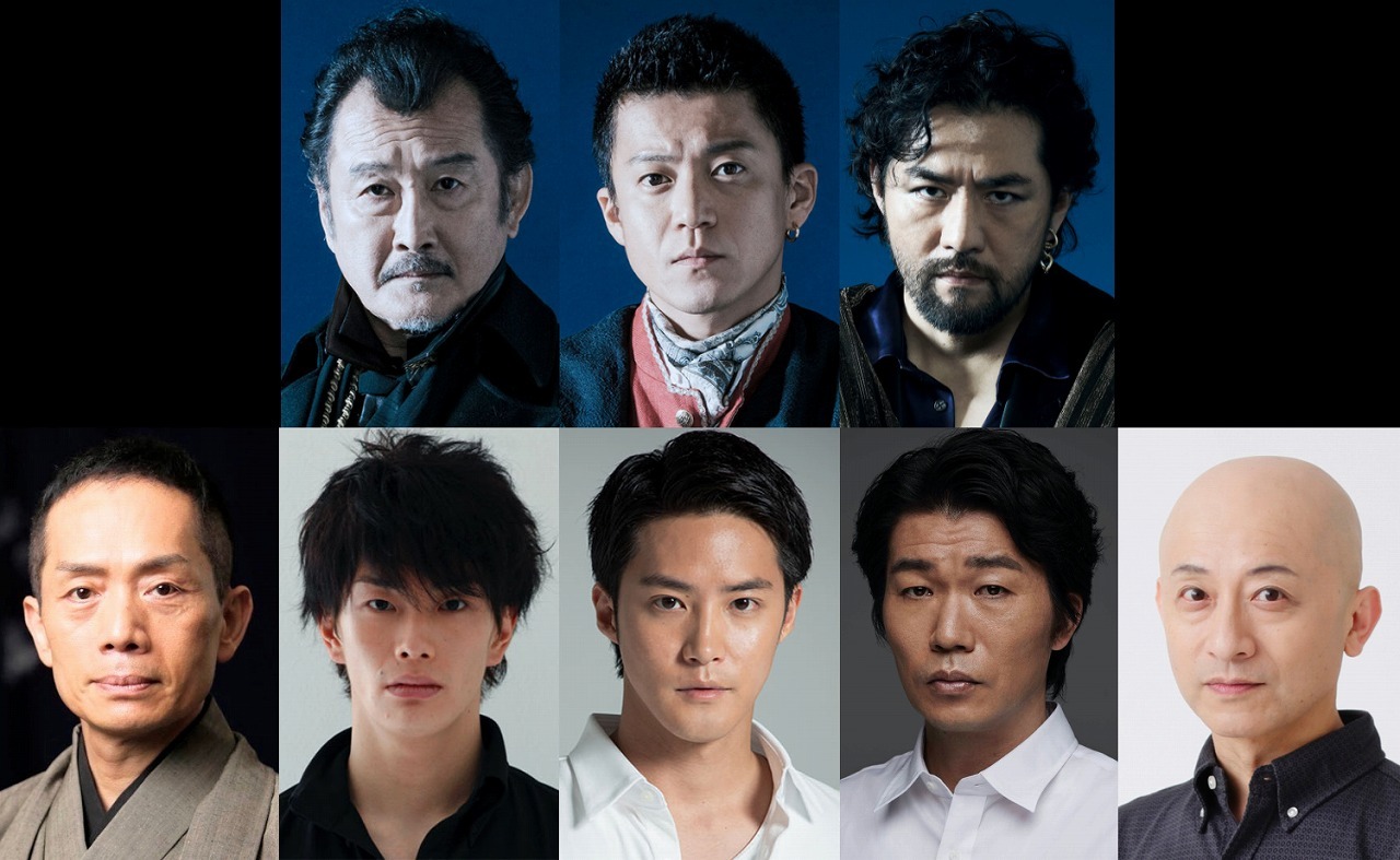 （上段左より）吉田鋼太郎、小栗 旬、吉原光夫（下段左より）中村京蔵、玉置玲央、白石隼也、高橋 努、植本純米 　東京公演出演者