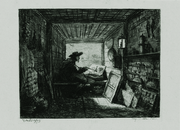 シャルル＝フランソワ・ドービニー 《アトリエ船（版画集「船の旅」より）》 1862年 エッチング 10.2×13.5㎝ 個人蔵 