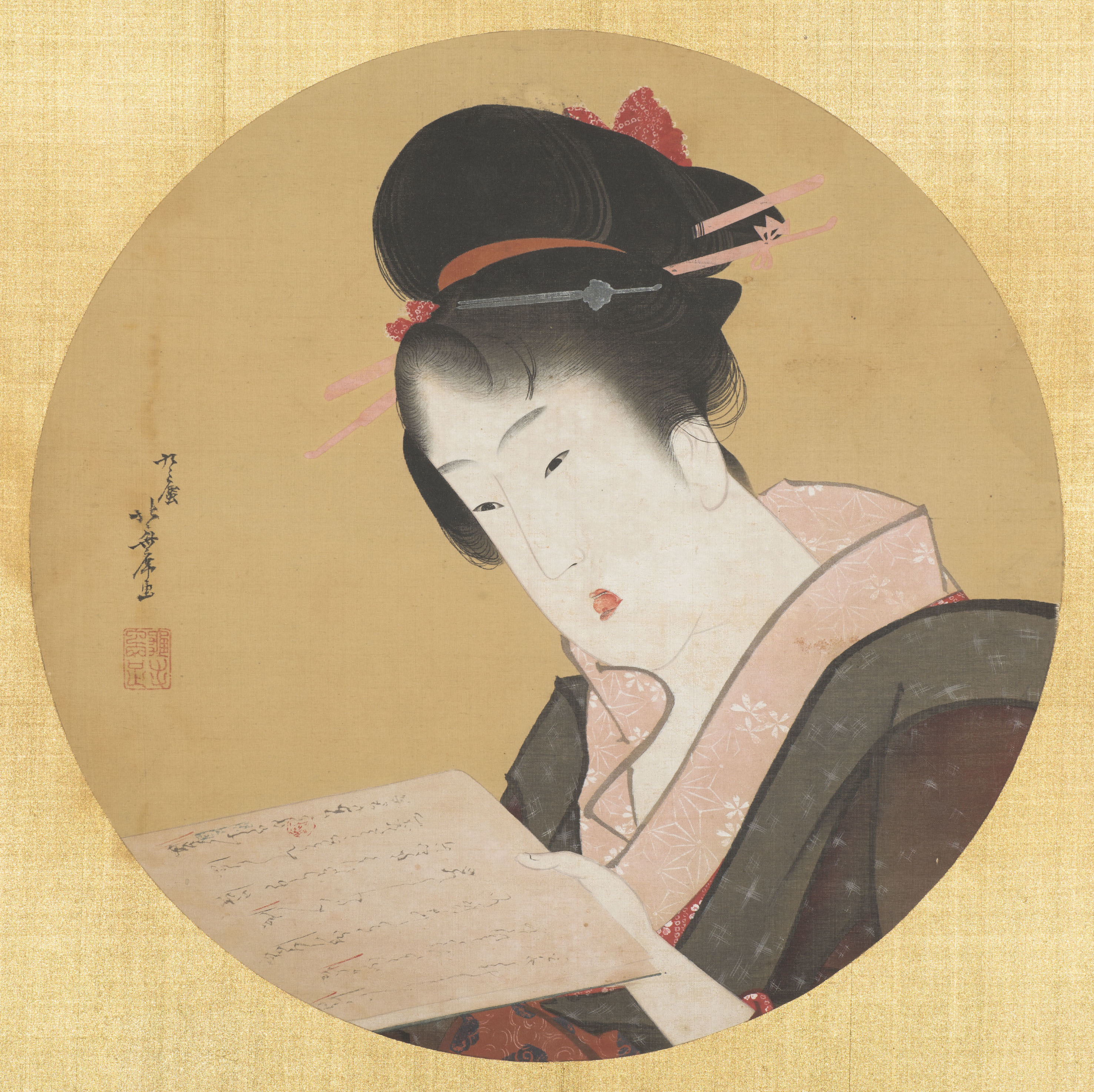 葛飾北斎《円窓の美人図》絹本額面 文化2年（1805）年頃 シンシナティ美術館 Cincinnati Art Museum, The Thoms Collection- Given by Mrs. Murat H. Davidson in honor of her grandfather, Joseph C. Thoms, 1982.4 通期展示