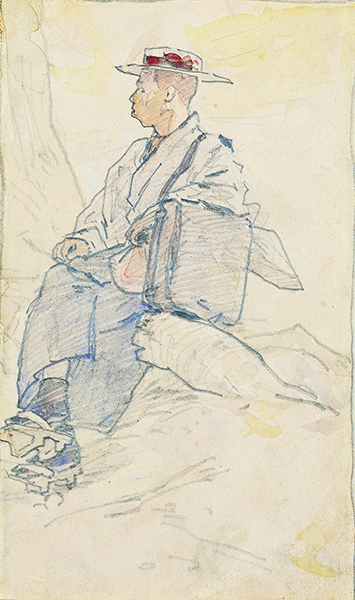 青木繁《坂本繁二郎像》鉛筆、淡彩・紙　1902年　個人蔵