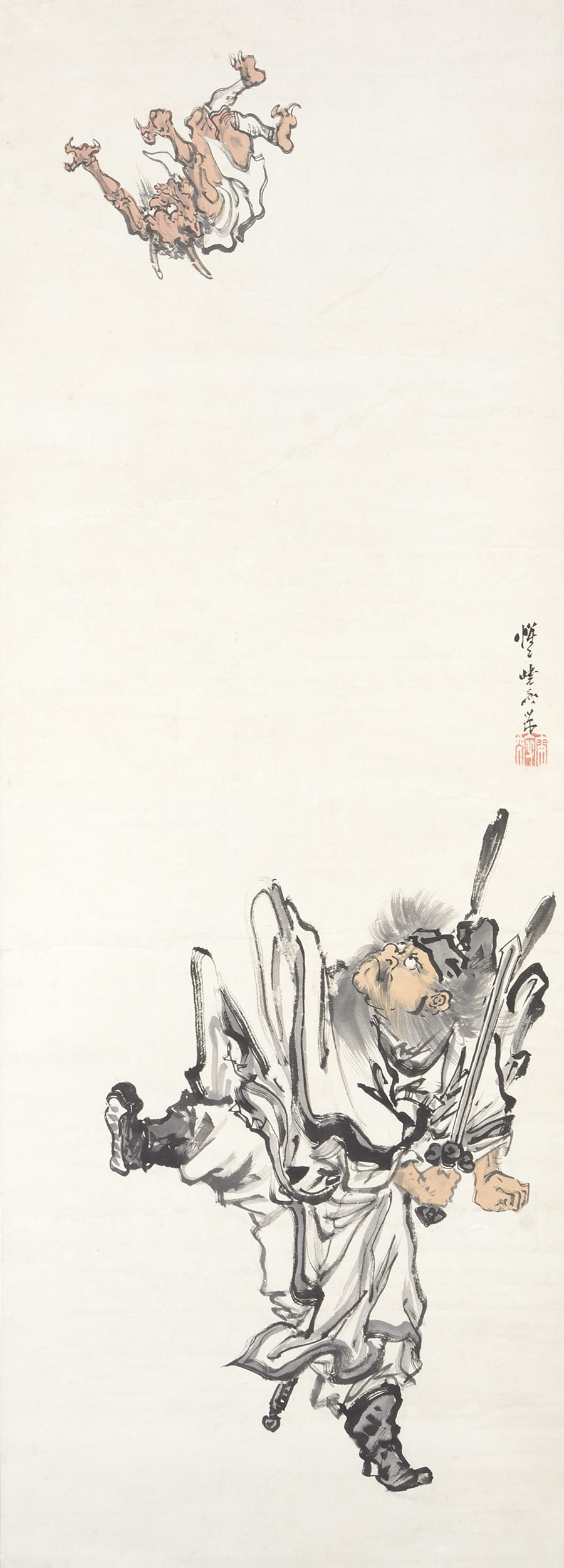 河鍋暁斎 《鬼を蹴り上げる鍾馗》 明治4-22(1871-89) 紙本着彩
