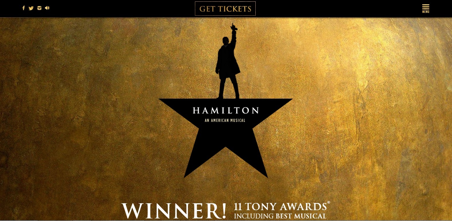 トニー賞受賞のキャッチが加わった『Hamilton』公式サイトのトップページ