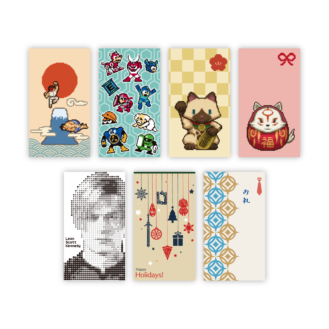 ポチ袋　990円（税込）『モンスターハンター』『バイオハザード』『ストリートファイター』『デビル メイ クライ』『逆転裁判』『ロックマン』『大神』の7種類の絵柄がセットになったポチ袋アソートパック （C）CAPCOM