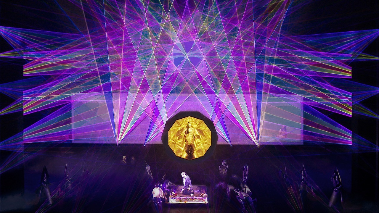 光による立体的な彫刻空間がステージ上に現れる（ジュネーヴ公演より） 　　(C) teamLab, Courtesy Daniel Kramer, Grand Theatre de Geneve, and Pace Gallery