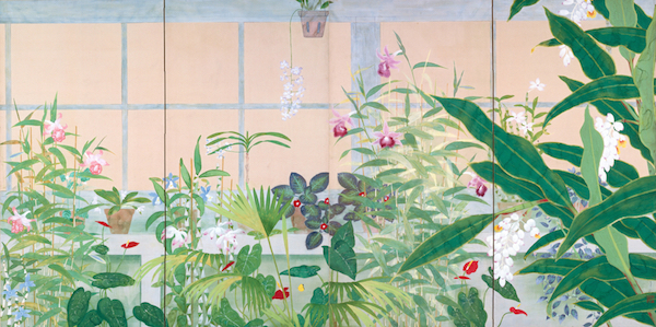 小茂田青樹《薫房》1927年 福島県立美術館蔵 現代にも通用するモダンさで温室内の植物を描いた、日本画家・小茂田青樹晩年の代表作