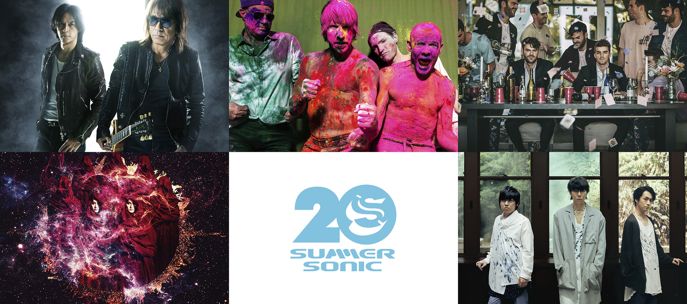  （左上から時計回り）B’z、RED HOT CHILI PEPPERS、THE CHAINSMOKERS、RADWIMPS、BABYMETAL