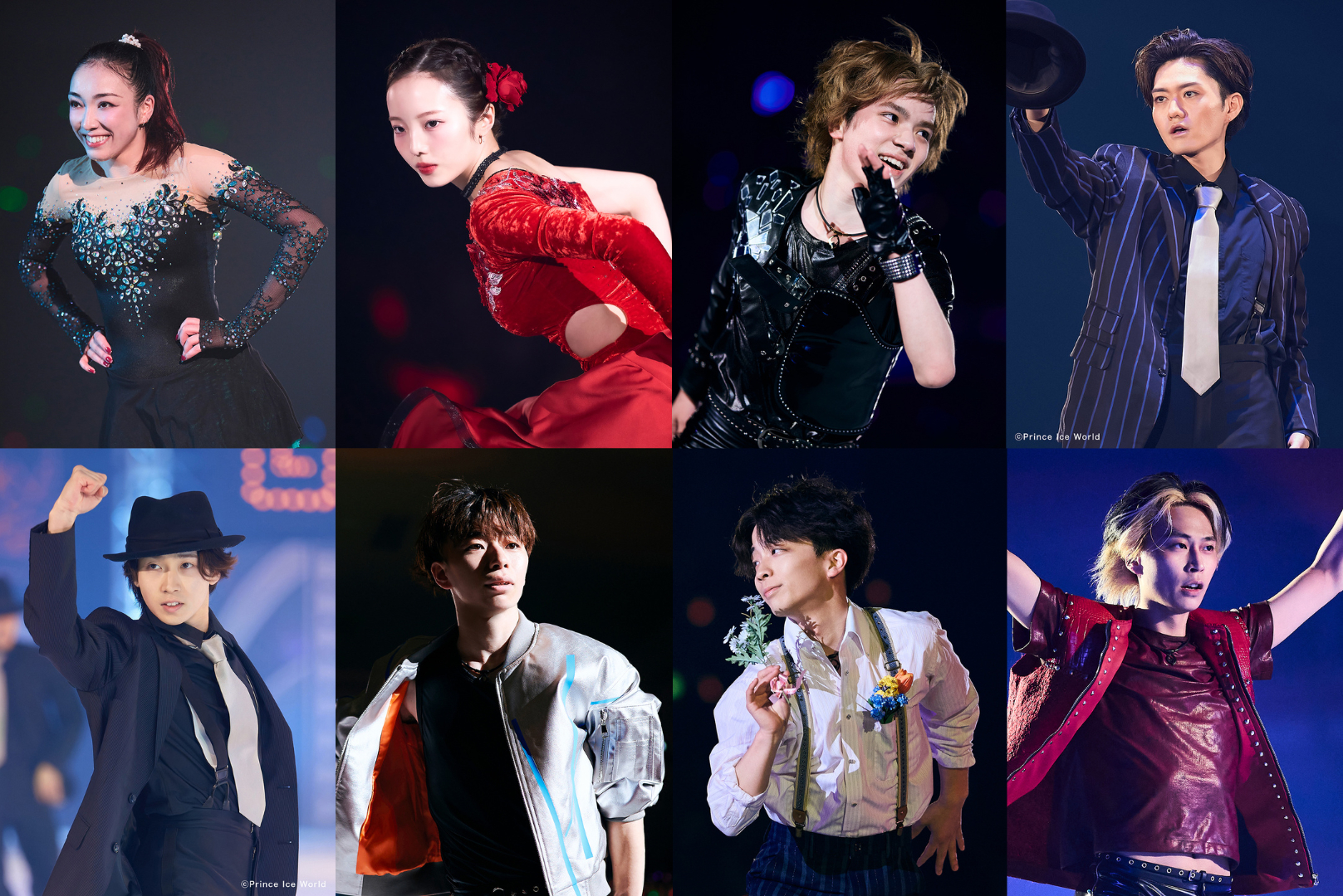 上段左から本郷理華、本田真凜、宇野昌磨、吉野晃平、下段左から佐藤由基、唐川常⼈、中野耀司、櫛⽥⼀樹