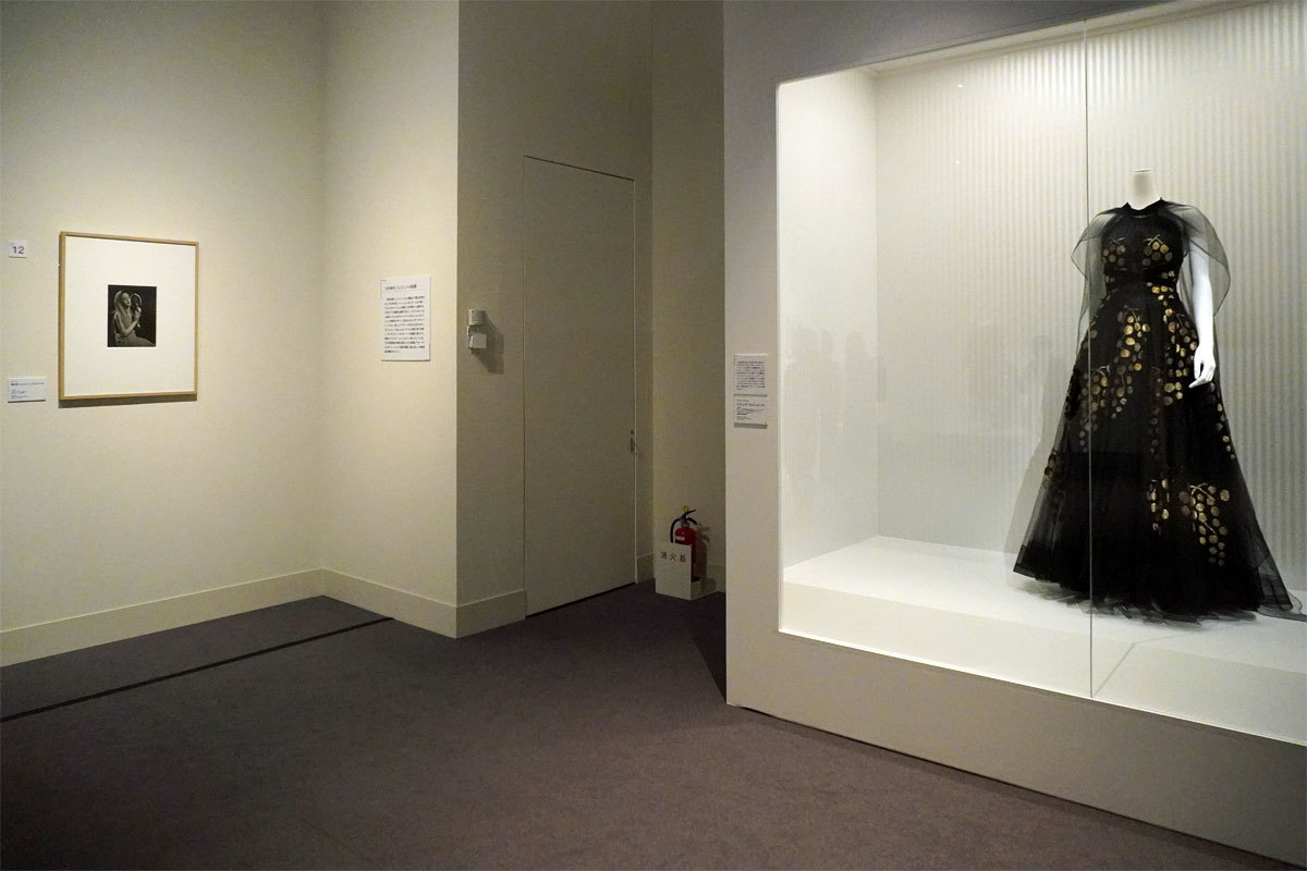 右：マドレーヌ・ヴィオネ《イブニング・ドレス、ストール》1938年　 黒いチュール地に金色のぶどうのモティーフ、サーキュラー・スカート、ホルター・ネック、黒い絹サテンのアンダー・ドレス付き、ストールは黒いチュール　島根県立石見美術館