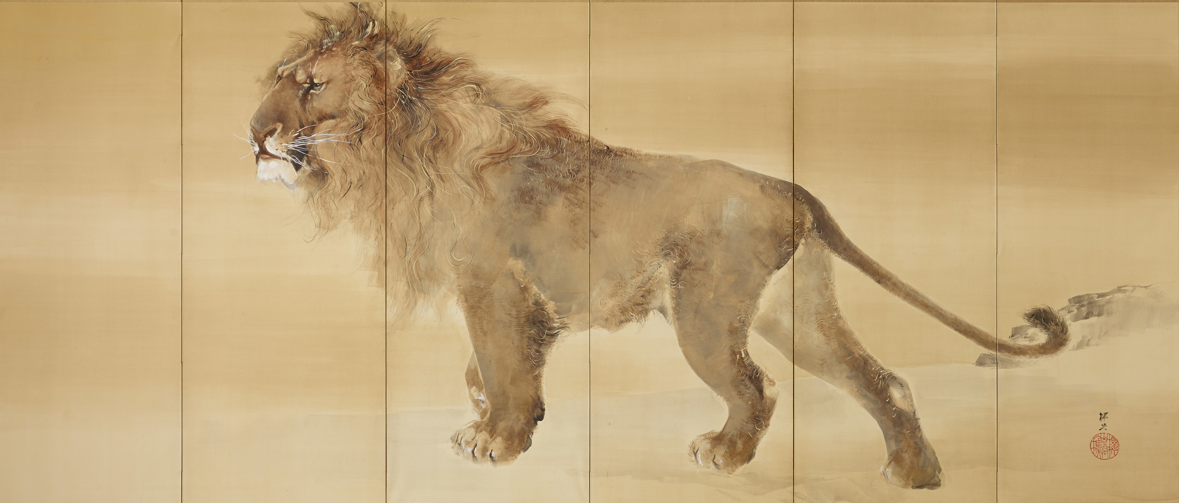 《獅子虎図屏風》右隻 明治37年（1904） 個人蔵