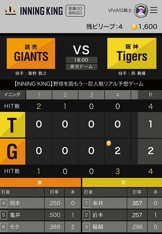 手持ちのメダルを使って得点やヒットが出るイニングを予想