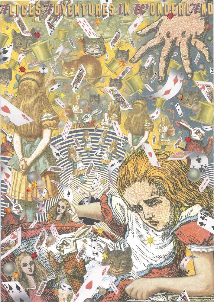  『不思議の国のアリス 【ALICE Win Underground.】』のチラシ原画。1865年の初版「不思議のアリス」の挿絵を描いたジョン・テニエルの絵をモチーフに、今作の演出・構成・潤色を手掛ける天野天街がコラージュ